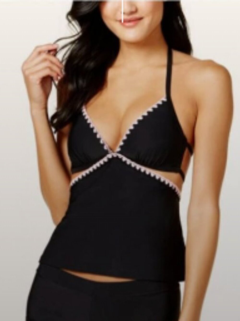 Hula Honey black pink stitch apron style tankini top with push up padding